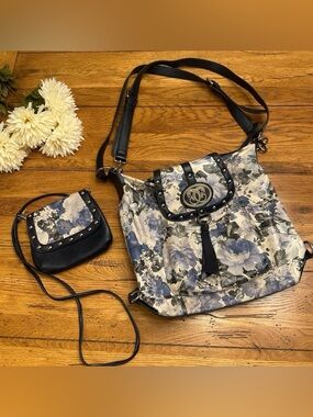 Sharif Leather Floral Convertible Blue and Black Women's Bag Set Purse Backpack